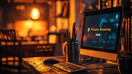 A browser window with "Private Browsing Mode" displayed on the screen in a dimly lit room.