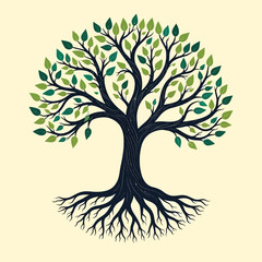 Hand drawn tree with roots flat vector illustration lino cut