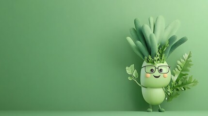 Charming Green Veggie Character: 3D Render Against a Soft Green Background AI Generated