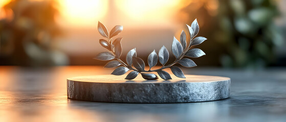 Silver laurel wreath on stone, sunset