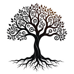 Hand drawn tree with roots flat vector illustration lino cut