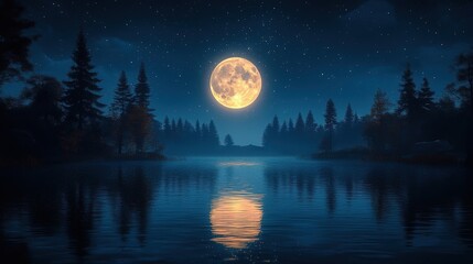Naklejka premium Full Moon Over Still Lake and Forest at Night