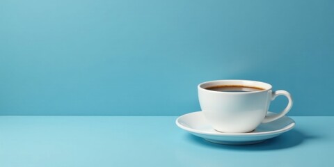 A single cup of coffee sits on a saucer against a light blue background, ready for your morning caffeine fix