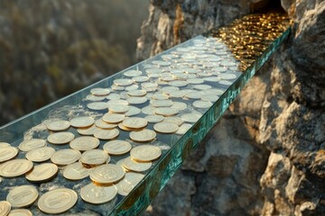 A glass bridge made of gold coins over a financial abyss, symbolizing the path to wealth and wise investing. The concept of balance between risk and return, the need for wise investing