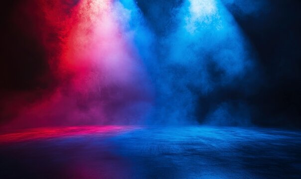 Abstract background with a spotlight on a dark floor. Blue and red lighting, with smoke or fog. A stage or concert backdrop with copy space