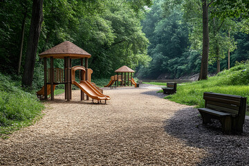 Serene playground nestled within a vibrant forest atmosphere during daylight