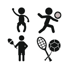Fototapeta premium Silhouette set of sports icons including tennis player, ball, racket, and action illustrations in vector style