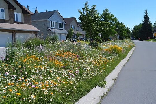 Blooming Flowers in Rain Garden Along Street with Houses in Background. Ecosystem service