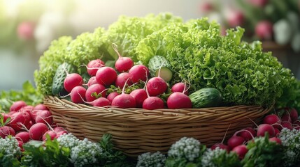 Fototapeta premium Fresh Radishes, Cucumbers and Lettuce in a Basket