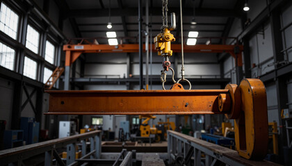 Fototapeta premium Industrial crane lifting a heavy beam in a warehouse
