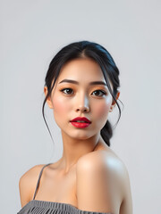 Fototapeta premium Studio shot of a Beautiful Asian idol girl with healthy skin looking at the camera. Natural makeup of a beautiful model with copy space. Cosmetic concept.