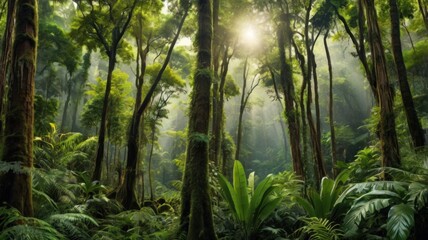 Naklejka premium Wide scenic view of a lush green tropical forest with tall trees, dense plants, and misty vibes. The background is fresh and peaceful, filled with nature’s beauty.