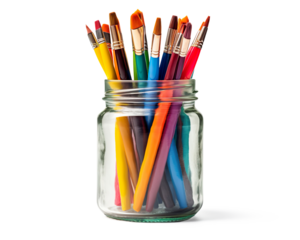  Jar of colorful paintbrushes on a transparent background