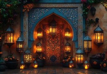 Beautifully Adorned Door Framed by Lanterns and Vibrant Flowers