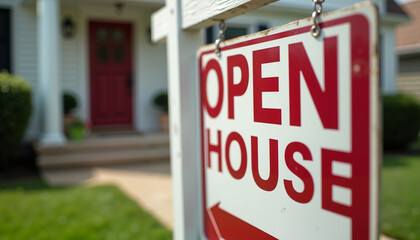Open house sign in front of a suburban home