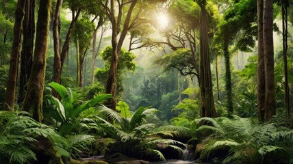 Obraz premium Wide scenic view of a lush green tropical forest with tall trees, dense plants, and misty vibes. The background is fresh and peaceful, filled with nature’s beauty.