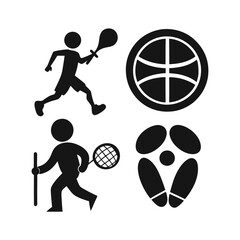 Fototapeta premium Silhouette set of sports icons including tennis player, ball, racket, and action illustrations in vector style