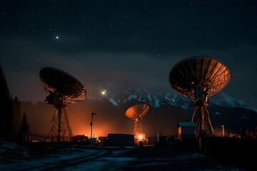 Captivating view of satellite dishes at night with stunning starry sky above