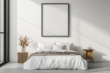 Minimalist bedroom with empty frame, sunlight, and wooden side table.