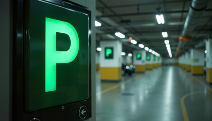 Green glowing parking sign in a modern parking facility