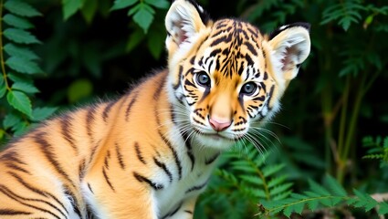 Obraz premium Adorable Tiger Cub in Lush Green Forest – Close-Up Wildlife Photography