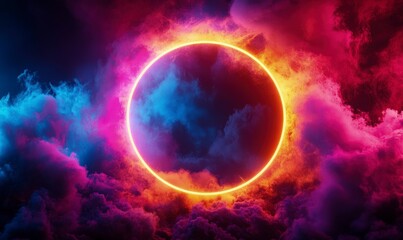 Obraz premium abstract cloud illuminated with a neon light ring on a dark background, a colorful glowing circle frame surrounded by smoke clouds