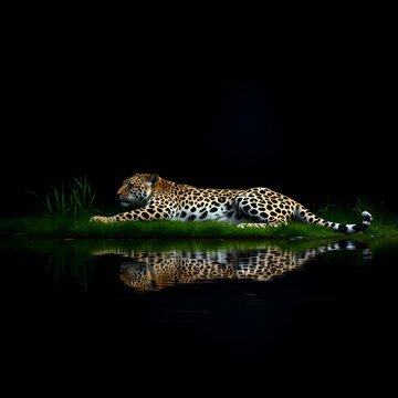 leopard resting grass reflection shimmering water soft lighting enchanting black background wildlife