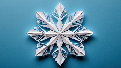  a beautifully crafted origami snowflake gleaming against a blue background