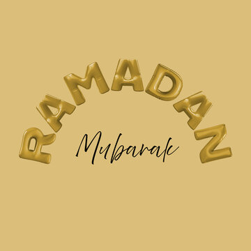 Ramadan Kareem horizontal banner, template header for website. Realistic 3d design elements. Traditional religious symbol crescent, hanging lanterns, volume stars, gold confetti. 3d illustration