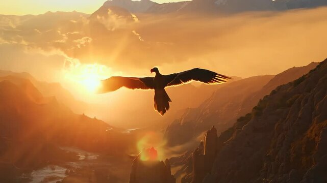 Majestic Sunrise Over Mountain Landscape with Soaring Bird in Flight