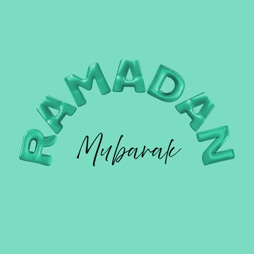 Ramadan Kareem horizontal banner, template header for website. Realistic 3d design elements. Traditional religious symbol crescent, hanging lanterns, volume stars, gold confetti. 3d illustration