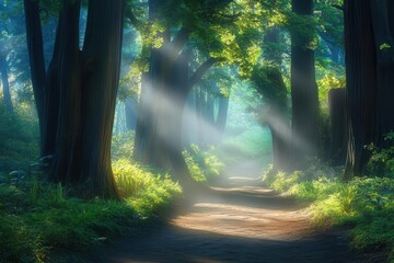 Naklejka premium mystical forest pathway shrouded in morning mist with ethereal light rays penetrating through ancient trees. gradient from deep emerald to soft blue creates dreamy atmospheric perspective
