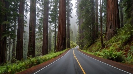 Obraz premium A breathtaking scenic road winding through the towering redwood trees in Redwood National Forest, surrounded by lush greenery and peaceful nature.