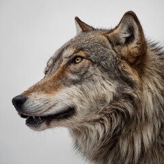 Fototapeta premium A lifelike portrait of a wolf howling, its fur intricately textured, against a white background.