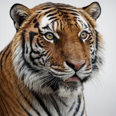 Fototapeta premium A majestic tiger painted in hyper-realistic detail, its fur and piercing eyes vividly rendered against a pure white background.