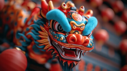 Chinese Traditional Lion Dance Costume Performing at Temple for Lunar New Year Celebration in China