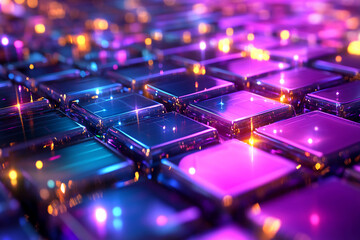 Pulsating Grid of Multicolored Glowing Squares Creating a Dynamic Rhythmic Pattern in Turquoise, Pink, and Gold, Emulating a Digital Heartbeat Effect