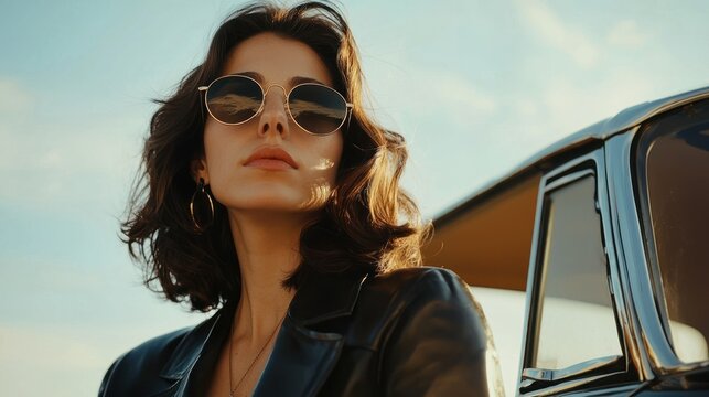 Fototapeta A stylish brunette woman standing by a vintage car, wearing sunglasses.