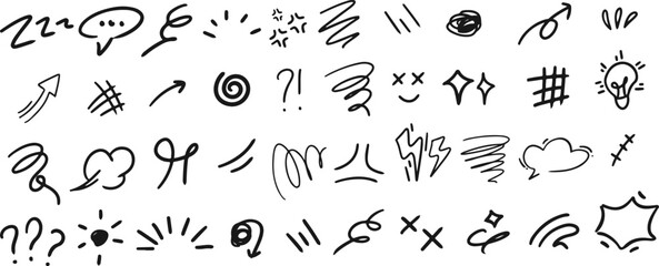 Set of black hand drawn doodle grunge line elements curved charcoal, chalk arrows, speech bubble, abstract shapes, graphic effects for character emotion.