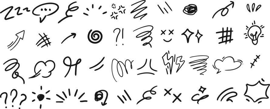 Set of black hand drawn doodle grunge line elements curved charcoal, chalk arrows, speech bubble, abstract shapes, graphic effects for character emotion.