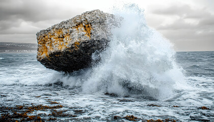 Powerful oceanic wave crashing against a rocky outcrop on cloudy overcast day