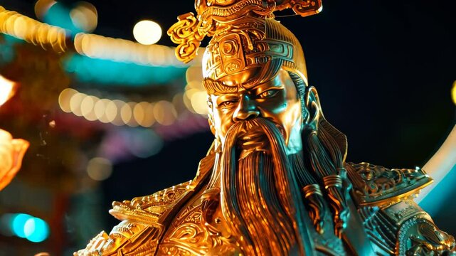 A majestic golden statue of a legendary warrior in ornate armor, holding a flaming torch, illuminated by vibrant lights, symbolizing strength, honor, and historical significance
