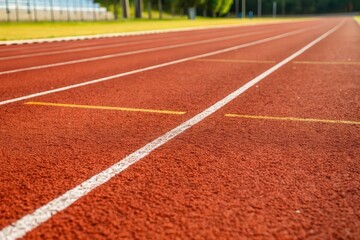 Close-up of a Red Rubber Running Track Surface Highlighting Lane Markings. Generative AI