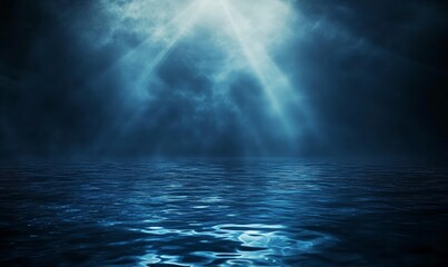 Dark blue background with rays of light shining down on the water surface