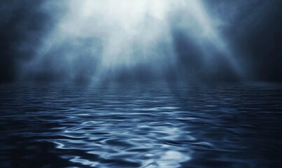 Dark blue background with rays of light shining down on the water surface