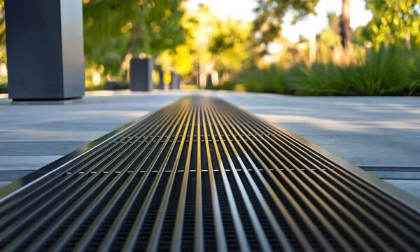 Linear Drain in Modern Landscape Design: Stainless Steel Grid and Outdoor Pathway