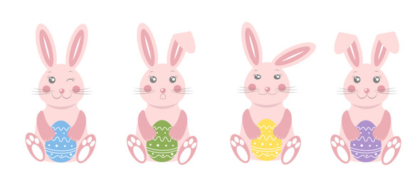 Colorful illustration of happy bunnies holding decorated easter eggs in various colors for a festive celebration