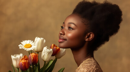 17-Year-Old African American Girl Smiling with a Floral Bouquet for Women's Day