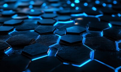 Obraz premium abstract background with blue glowing hexagons on a dark surface. Abstract futuristic wallpaper for design, presentation