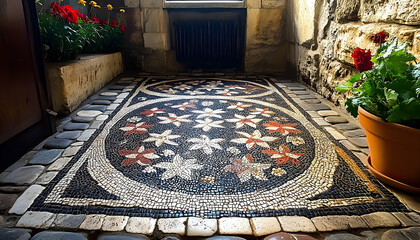 Intricate floral mosaic floor with cobblestone border and potted plants